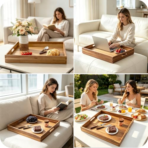 Large Wooden Serving Tray for Ottoman Wooden Ottoman Tray 20INCH Acacia Square Tray with Handles Wooden Coffee Table Tray Multi-Use for Dinner Breakfast Snack & Entertaining Guests