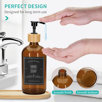 2 Pack 16 Oz Glass Soap Dispenser Set with Tray, Hand Dish Soap Dispenser Set for Bathroom and Kitchen Bottle Dispenser with Dish Soap, Hand Soap, Lotion (Amber) - color: Amber
