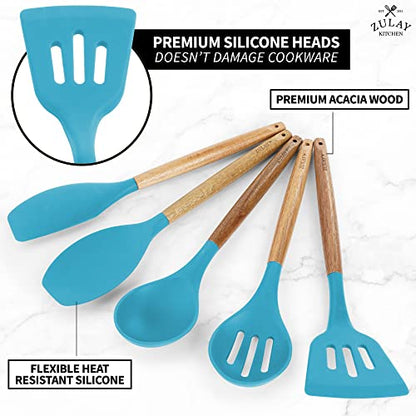 Zulay Kitchen 5 Piece Silicone Utensil Set | Non-Stick Silicone Cooking Utensils Set with Acacia Wood Handles - 464°F Heat Resistance Kitchen Utensils Set - Blue - color: Blue, size: 5-Piece Set