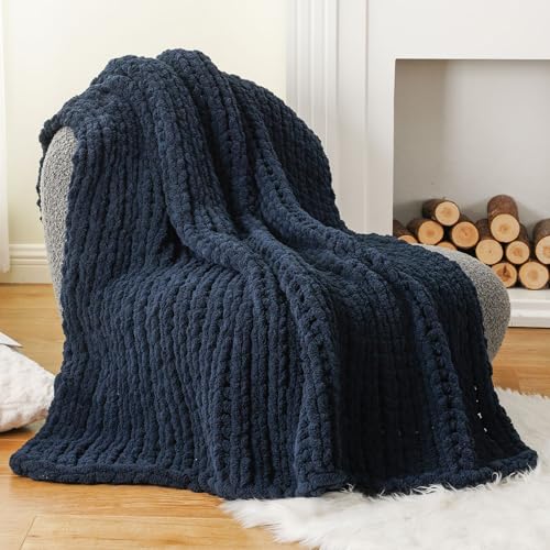 Navy Chunky Knit Throw Blanket, Chenille Throw Blanket for Couch 50"x60" | Handmade Chunky Blanket, Soft Thick Navy Blue Cable Knit Crochet Blanket for Bed Sofa Home Decor - color: Navy