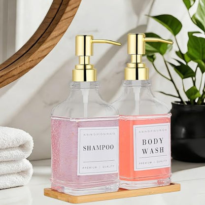 Dish and Hand Soap Dispenser,Set of 2 * 16.9oz | Glass Soap Dispenser with Gold Pump,Tray,Funnel,500ML Countertop Soap and Lotion Dispenser for Kitchen, Bathroom,Shower - color: Ks-5070-28y-2g