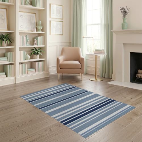 4'x6' Navy Blue Welcome Layered Beachy Front Washable Area Rug | Striped Nautical Design with Balanced Bands for Bedroom, Reading Nook, Pet Friendly & Non-Shedding - color: Blue White/Pattern 3, size: 4' x 6' (Rectangular)