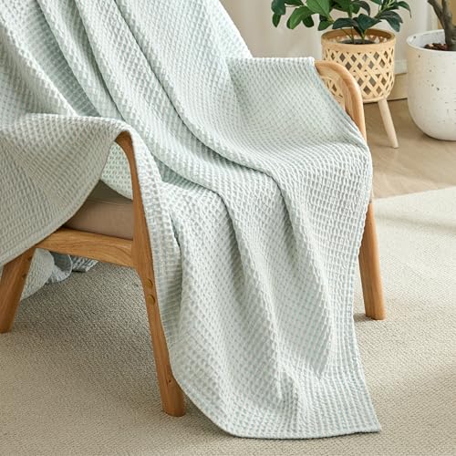 EGOHOME Lightweight Cotton Two-Tone Check Pattern Waffle Throw Blanket | Light Blue/White, 50"x60", Soft & Breathable for Bed, Couch, Sofa, All Seasons - color: Blue/White, size: Throw