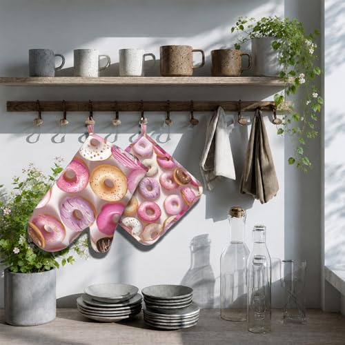 Groovy Donuts Oven Mitts and Pot Holders Sets Silicone Kitchen Mitts Potholders Heat Resistant Oven Gloves Hot Pads for Kitchen Baking Cooking - color: Groovy Donuts