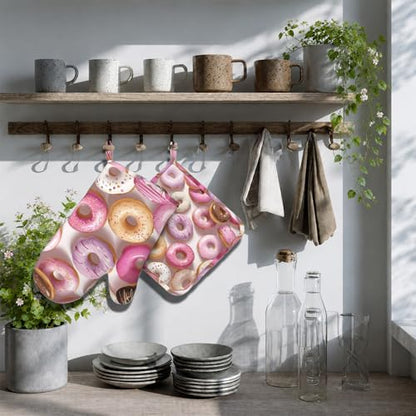 Groovy Donuts Oven Mitts and Pot Holders Sets Silicone Kitchen Mitts Potholders Heat Resistant Oven Gloves Hot Pads for Kitchen Baking Cooking - color: Groovy Donuts