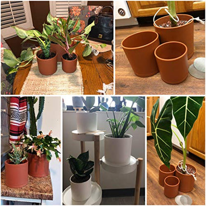 D'vine Dev 3-Pack Plastic Pots & Saucers, 4/5/6 in, Terracotta, 74-V-C-1 | Multi-Size Options, Lightweight Durable, Matte Finish, Cylinder Shape, Drainage Holes, Sleek Design, Detachable Saucer - color: Terracotta, size: Small