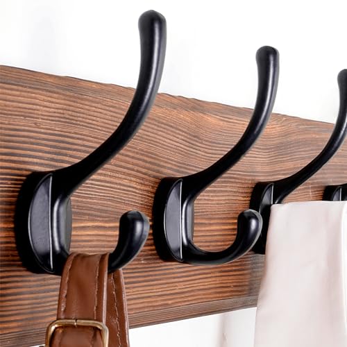 SKOLOO Rustic Wall Mounted Coat Rack, Case of 2, Pine Solid Wood Coat Hook Hanger - 5 Hooks for Hanging Clothes Robes Towels Coats - color: Brown Plate & Black Hook, size: 2 Item-5 Hooks