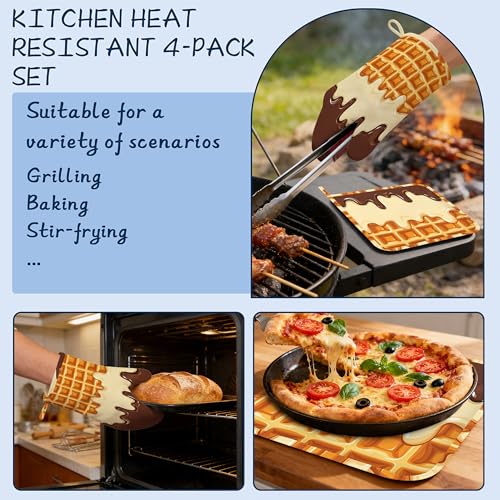 Heat Resistant Pot Holders and Oven Mitts,Funny Waffles Extra Long Kitchen Oven Mitt Set,Chocolate Cream Cotton Lining Anti-Slip Waterproof Kitchen Mittens Hot Pan Holder for Baking Cooking Grilling - color: Funny Waffles