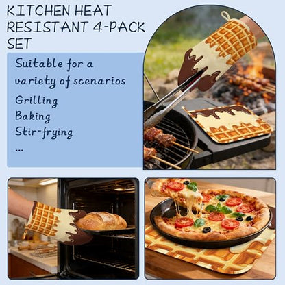 Heat Resistant Pot Holders and Oven Mitts,Funny Waffles Extra Long Kitchen Oven Mitt Set,Chocolate Cream Cotton Lining Anti-Slip Waterproof Kitchen Mittens Hot Pan Holder for Baking Cooking Grilling - color: Funny Waffles