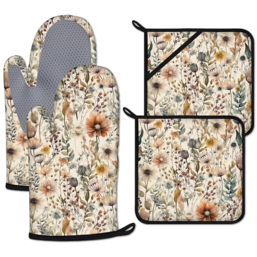 Vintage Watercolor Wildflower Oven Mitts and Pot Holders Sets 4 Pcs Silicone Floral Kitchen Gloves Heat Resistant Potholders for Baking Grilling BBQ - color: Vintage Floral