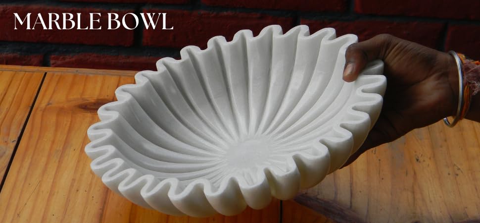 White Marble Ruffle Bowl – Handcrafted Decorative Scalloped Edge Marble Bowls – Fluted Stone Centerpiece for Table, Kitchen, Entryway – 12 Inch Natural Stone - size: 12 inches