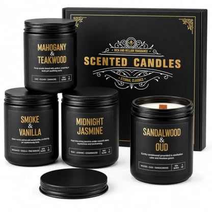 Candles Gifts for Men, 4-Pack Scented Candles, 36 oz, Birthday Gift Set | Up to 200 Hours Total Burn Time, Mahogany Teakwood, Smoked Vanilla, Midnight Jasmine & Sandalwood Oud - color: 4 Pack Black Candles