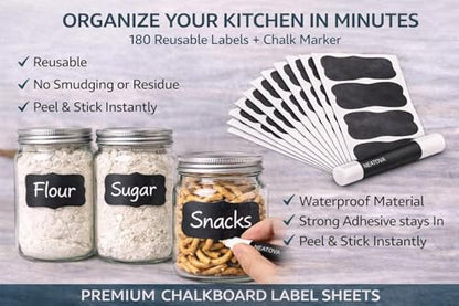Chalkboard Labels for Jars – 180 Pack, Reusable Waterproof Erasable Stickers with Liquid Chalk Marker, 2” x 3” Wavy Rectangle Labels for Pantry, Mason Jars & Kitchen Organization