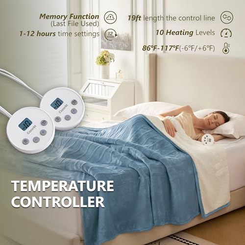 Heat Blanket 84”x90” Queen Size-Dual Control,Soft Flannel & Sherpa Electric Blanket with 10 Heat Settings,12 Timer Setting and 8 Hours Auto-Off,ETL Certified Machine Washable,Light Blue - color: Light Blue, size: 84*90in