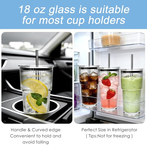 Accguan 18oz Ribbed Glass Tumbler with Straw and Lid, 6Pack Glass Cup | Reusable lced Coffee Cups with lids-Glass Cups with Lids for Smoothie,Coffee,Juice,Tea,Travel Mug,Cold & Hot Beverages - size: 18oz without handle-6pcs