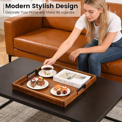 Large Ottoman Tray for Living Room and Coffee Table, Decorative Acacia Wood Serving Tray with Metal Handles for Breakfast in Bed, Dinner Food Kitchen TV (Natural, 17" x 17" x 2") - size: 17" x 17" x 2"