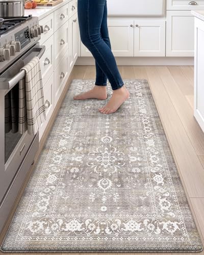 DEXI Kitchen Floor Mats Cushioned Anti Fatigue Runner Rug 23x59 Grey Floral | Soft Comfort Memory Foam, Easy Care, Waterproof, Standing Padded for Front Sink Laundry Office Farmhouse - color: Beige Grey, size: 59"L x 23"W x 0.4"Th