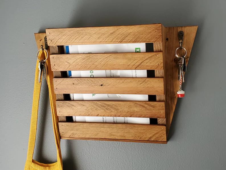 Rustic Wood Wall Mount Mail Organizer with Hooks, Farmhouse Wooden Wall Letter Holder, Key Holder Mail Sorter for Entryway, Kitchen, Office, Home Decor