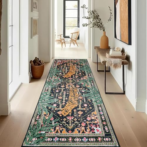 Oriental Tropical Hallway Runner Rug 2x8 Washable, Thin Stain Resistant Black Boho Runner Rug for Entryway Kitchen Bedroom Laundry, Vintage Abstract Hippie Botanical Long Floor Carpet - color: Black, size: 2' x 8'