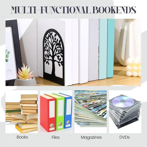 Feifeiya 6 Pairs Decorative Book Ends Metal Bookends for Shelves Black Metal Heavy Duty Book Ends Holder Supports Stoppers for Home Office School, 6.9x4.9x3.5”(Tree and Flower) - style: Tree and Flower
