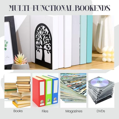 Feifeiya 6 Pairs Decorative Book Ends Metal Bookends for Shelves Black Metal Heavy Duty Book Ends Holder Supports Stoppers for Home Office School, 6.9x4.9x3.5”(Tree and Flower) - style: Tree and Flower
