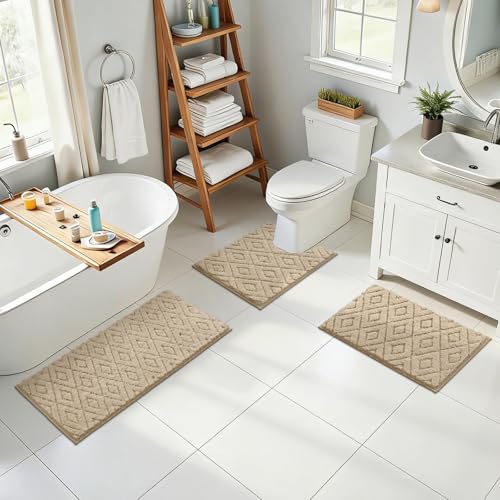 Bsmathom 3 Piece Bathroom Rug Sets, Non Slip Microfiber Bath Mat, Beige | Plush Water Absorbent Bath Rug Sets with U-Shaped Contour Toilet Mat, Machine Washable Carpet for Bathroom Sink, Shower - color: Beige