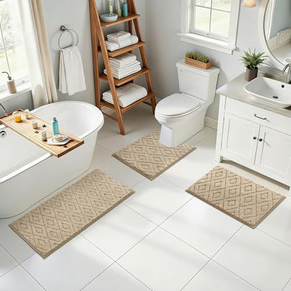 Bsmathom 3 Piece Bathroom Rug Sets, Non Slip Microfiber Bath Mat, Beige | Plush Water Absorbent Bath Rug Sets with U-Shaped Contour Toilet Mat, Machine Washable Carpet for Bathroom Sink, Shower - color: Beige
