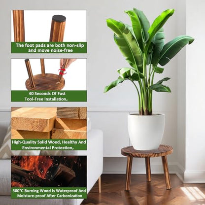 3 Pack Wooden Plant Stand Indoor, Mid-Century Modern Stool | 3 pack wooden plant stool for 6-11" pots, tall corner flower pot holder for indoor & outdoor living room, balcony & patio