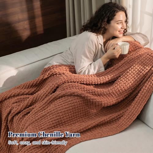 PHF Chenille Waffle Knit Throw Blanket- Plush Warm & Cozy 50" x 60" Ultra Soft Blanket- Chunky Fluffy Waffle Throws for Couch Bed Sofa - Terracotta - color: Terracotta, size: Throw(50"X60")