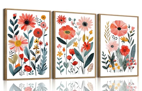 KISSFOX Colorful Wildflower Canvas Wall Art Set Of 3 Flowers Pictures Prints Flowers Printing Floral Watercolors Flower wall Decor Living Room Girls Bedroom Bathroom (Blue Orange, 12"x16" Natural Framed, Framed) - color: Blue Orange, size: 12x16 In Natura