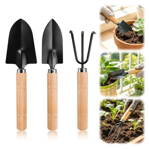 3PCS Small Garden Tools Set - Mini Garden Tools Set with Trowel, Shovel & Hand Rake Made of Rust-Resistant Iron & Solid Wood for Indoor Plants, Succulents, Potting & Repotting