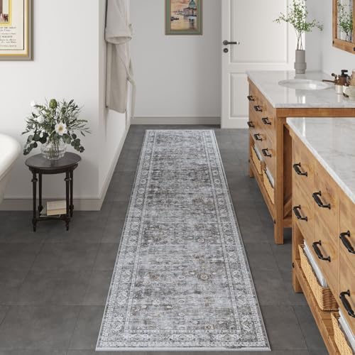 Rugcomf Washable Kitchen Runner 2'7"x12' - Long Hallway Runner Rug Non Slip, Boho Carpet for Hallways, Entryway, Hall, Bathroom - Grey - color: Grey, size: 2'7" x 12' (Rectangular)
