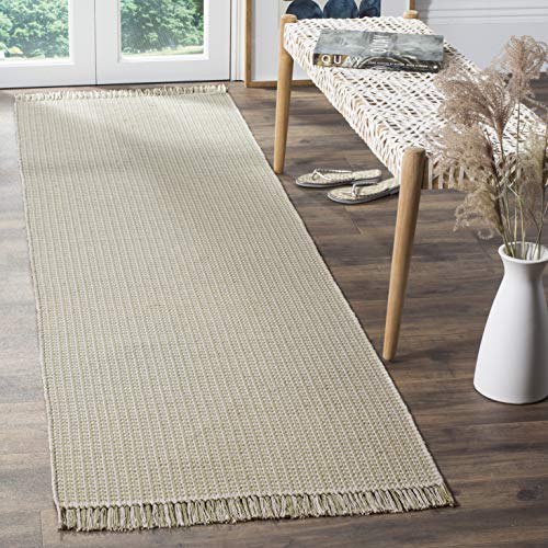 SAFAVIEH Montauk Collection Runner Rug - 2'3" x 12', Ivory & Green, Handmade Flat Weave Boho Farmhouse Cotton Tassel Fringe, Ideal for High Traffic Areas in Living Room, Bedroom (MTK340G) - color: Ivory/Green, size: 2'3" x 12' (Runner)