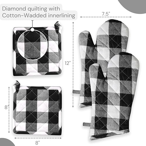 Oven Mitt & Pot Holder Buffalo Plaid Check 100% Cotton Heat Resistant Oven Gloves (7"x13") & Hot Pads (8"x8") Combo for Baking, Cooking - Black - color: Black, Buffalo Plaid