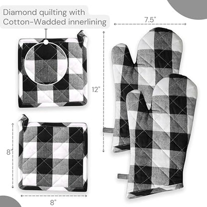 Oven Mitt & Pot Holder Buffalo Plaid Check 100% Cotton Heat Resistant Oven Gloves (7"x13") & Hot Pads (8"x8") Combo for Baking, Cooking - Black - color: Black, Buffalo Plaid