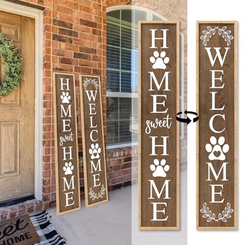 Outdoor Welcome Sign Front Porch Door Decor, 45"X9" Wood | Home Sweet Home Sign, Outside Standing Large 2 Sided Dog Paw Design, Farmhouse Modern Wooden Frame, Vertical Leaner - color: Welcome Home Sweet Home (Wood), size: 45"X9"
