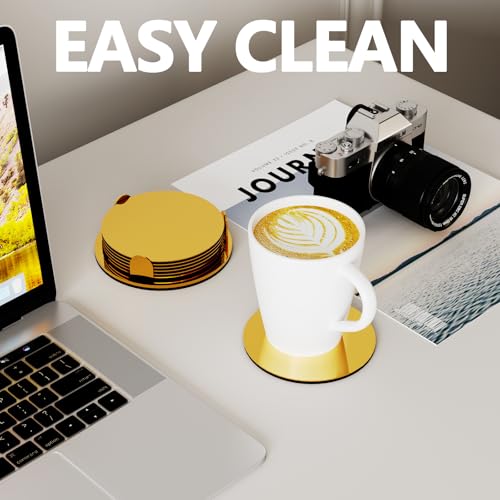 Gold Stainless Steel Coasters with Holder, Modern Mirror Drink Coaster Set of 6, Unique Round Cup Coasters with Non-Slip EVA Base, Housewarming Décor for Coffee Bar and Dining Table