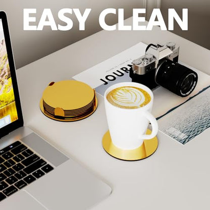 Gold Stainless Steel Coasters with Holder, Modern Mirror Drink Coaster Set of 6, Unique Round Cup Coasters with Non-Slip EVA Base, Housewarming Décor for Coffee Bar and Dining Table