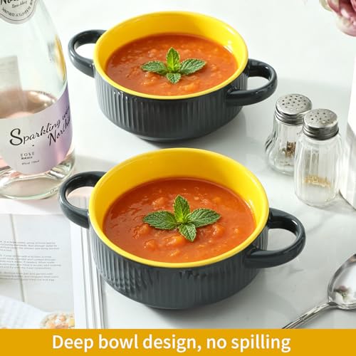 Soup Bowls with Handles, 23 oz French Onion Soup Crocks, Stackable Soup Bowl Oven Safe for Chili, Beef Stew, Embossment Ceramic Bowl Set - 5.4 Inch, Set of 4,Yellow Gray - color: Yellow Gray