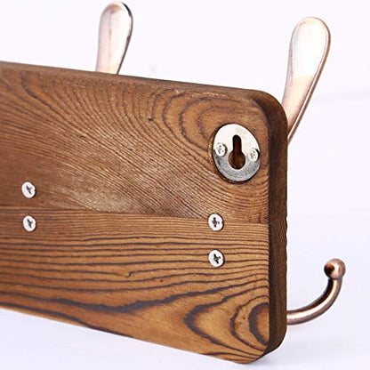 SKOLOO Rustic Pine Wood Wall Coat Rack with 5 Triple Hooks, 16" Stud Spacing, Farmhouse Wall Mounted Coat Rack for Hanging Backpack, Jacket, Hat - color: Brown Plate & Antique Hook, size: 1 Item-5 Hooks