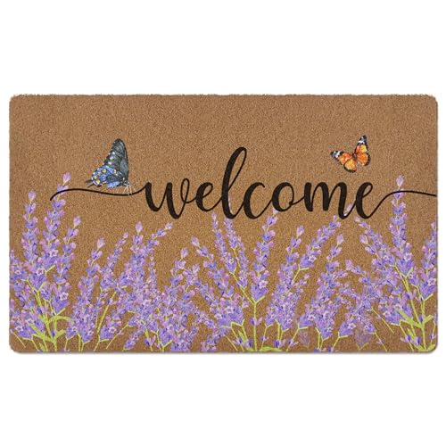 Lavender Floral Welcome Door Mat, Rustic Floral Butterfly Welcome Front Door Mat Indoor Outdoor Entrance, Purple Flower Artificial Coir Doormats Rugs for Porch Entryway Decor 30x17in - color: Lavender