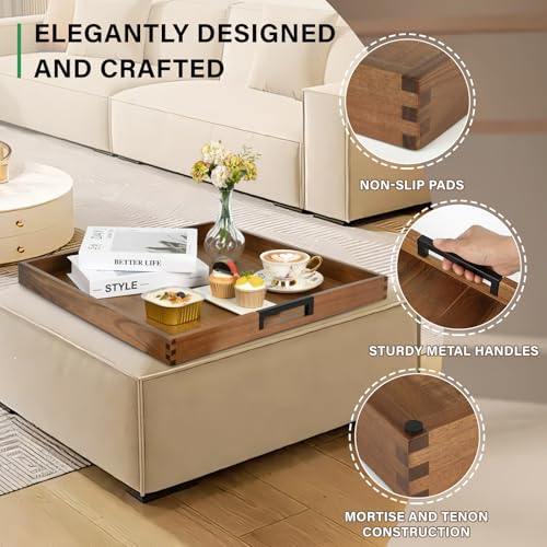 Large Square Ottoman Tray for Living Room and Coffee Table, Decorative Acacia Wood Serving Tray with Metal Handles for Breakfast in Bed, Dinner Food Kitchen TV (Natural, 22" x 22" x 2") - size: 22" x 22" x 2"