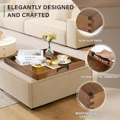 Large Square Ottoman Tray for Living Room and Coffee Table, Decorative Acacia Wood Serving Tray with Metal Handles for Breakfast in Bed, Dinner Food Kitchen TV (Natural, 22" x 22" x 2") - size: 22" x 22" x 2"