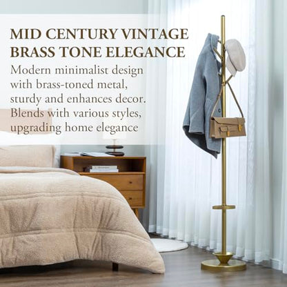 MyGift Freestanding Coat Rack, Modern Brass Tone Metal Hat Organizer Tree and Umbrella Holder Stand with 6 Hanger Hooks for Hanging Clothes Purse Bag Jacket - color: Brass