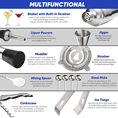 14PC Bartender Kit - Silver Cocktail Shaker Set - All Barware Essentials for Drink Mixing Includes Stand, Martini Shaker, Jigger, Strainer, Mixer Spoon, Muddler, Liquor Pourers, Touch of Mixology - color: Silver