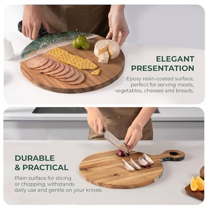 Acacia Wood Serving Board with Ocean Resin Art, 14.6" x 10.2" Charcuterie Cheese Tray for Display & Prep, Cutting Board on Back, Includes Stand & Loofah, Christmas Housewarming Gift (Round) - color: Round Cutting Board, size: Small