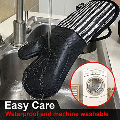 Alselo Silicone Oven Mitts Heat Resistant 932℉ with Waterproof & Non-Slip | Kitchen Mittens Set of 2,Extra Long 7.5"x15" Oven Gloves with Soft Cotton Terry Lining for Baking Cooking BBQ(Black,2) - color: Black