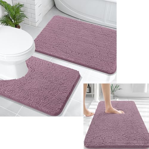 OLANLY Chenille Bathroom Mat and Toilet Rugs U-Shaped, Bath Mat Size 36x24 and Bathroom Rugs Sets Size 30x20+24x20 in Deep Plum, 3 Item Bundle