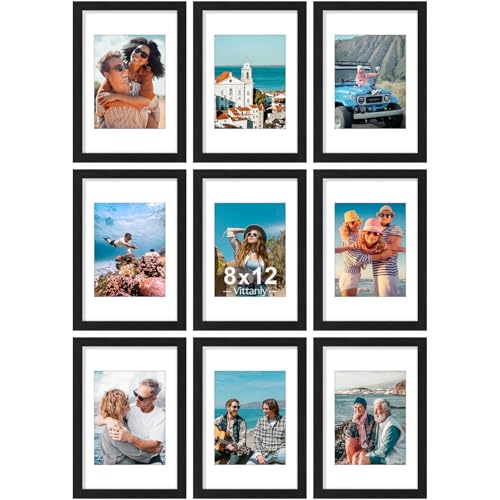 Vittanly 8x12 Picture Frames Set of 9 for Wall or Tabletop Display, Black | Display Pictures 6x8 with Mat or 8x12 without Mat, Engineered Wood with Shatter Resistant Plexiglass, Gallery Photo Frames - color: Black, size: 8x12