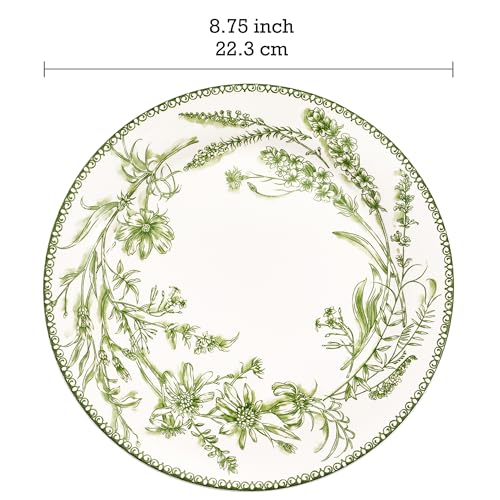 Bico Green Garden Toile De Jouy Salad Plates Set of 4, 8.75 Inch Ceramic Dessert Plates for Salad, Appetizer, Side Dishes, Microwave and Dishwasher Safe, Gift for Housewarming and Thanksgiving - color: Green Garden Toile De Jouy